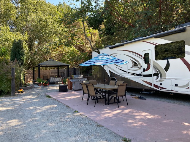 Our best site! Amazing amount of space for your RV and vehicle. Includes paved patio, propane grill, enclosed backyard with a gazebo, fire pit and game area.