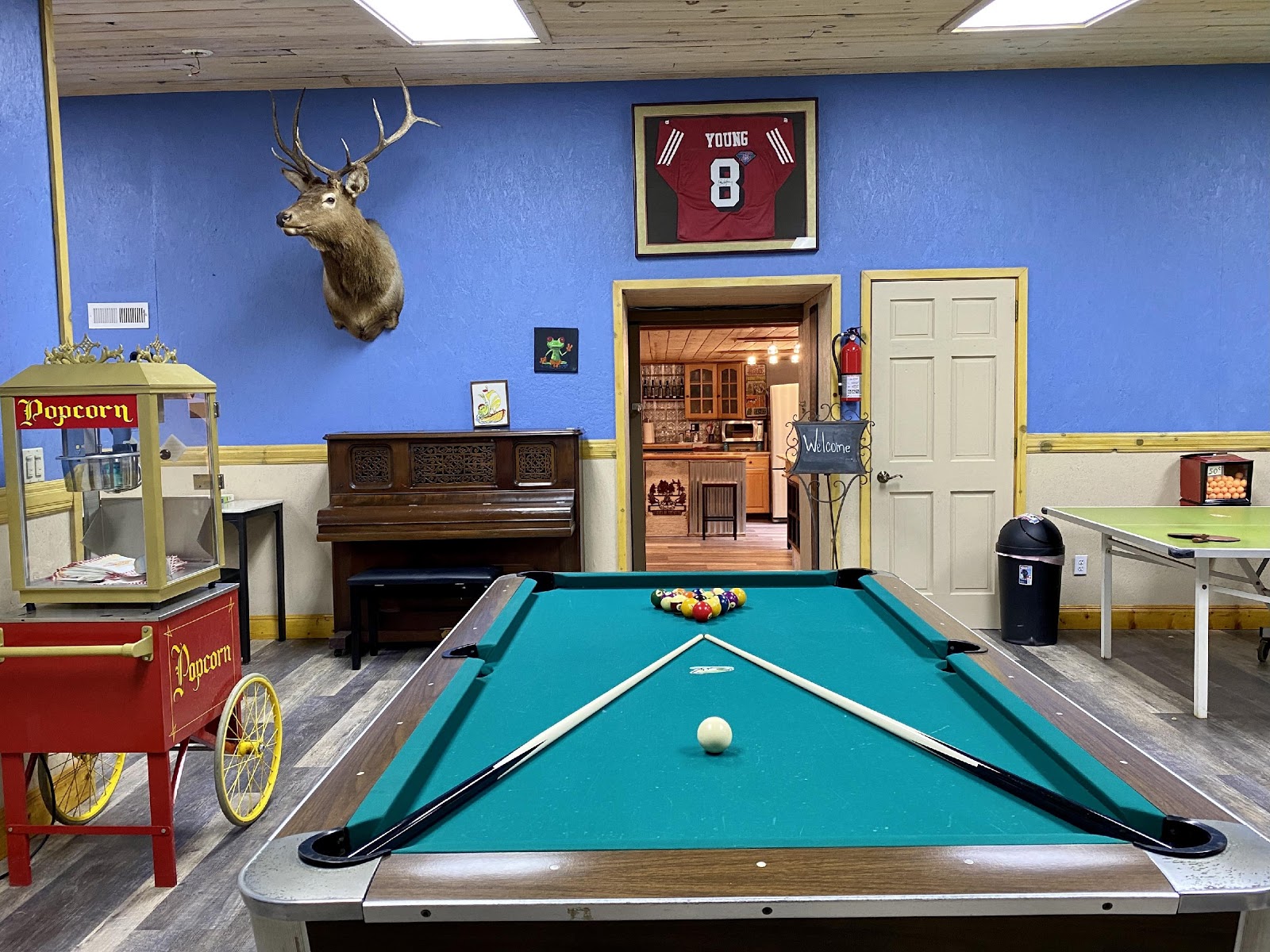 The recreation room is furnished with ping pong and pool tables, comfortable couches for relaxing, a small library, a big screen TV and video collection, and a selection of board games all for your enjoyment.